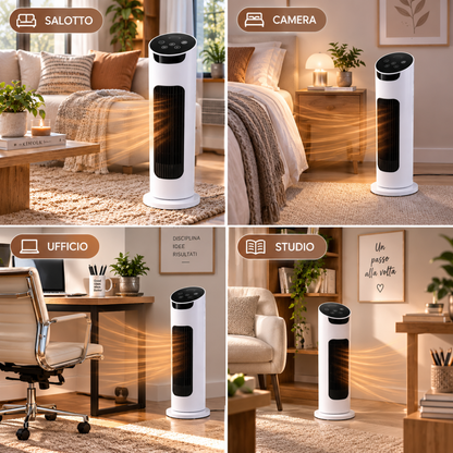 Termoventilatore Ceramico a Torre Rotante con Telecomando –  Stufa Elettrica Verticale PTC con Display Touch e Base