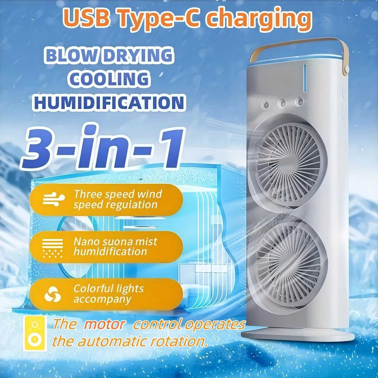 Ventilatore raffreddatore d'aria domestico usb ricaricabile 3000mah ventilatore portatile condizionatore d'aria doppia testa
