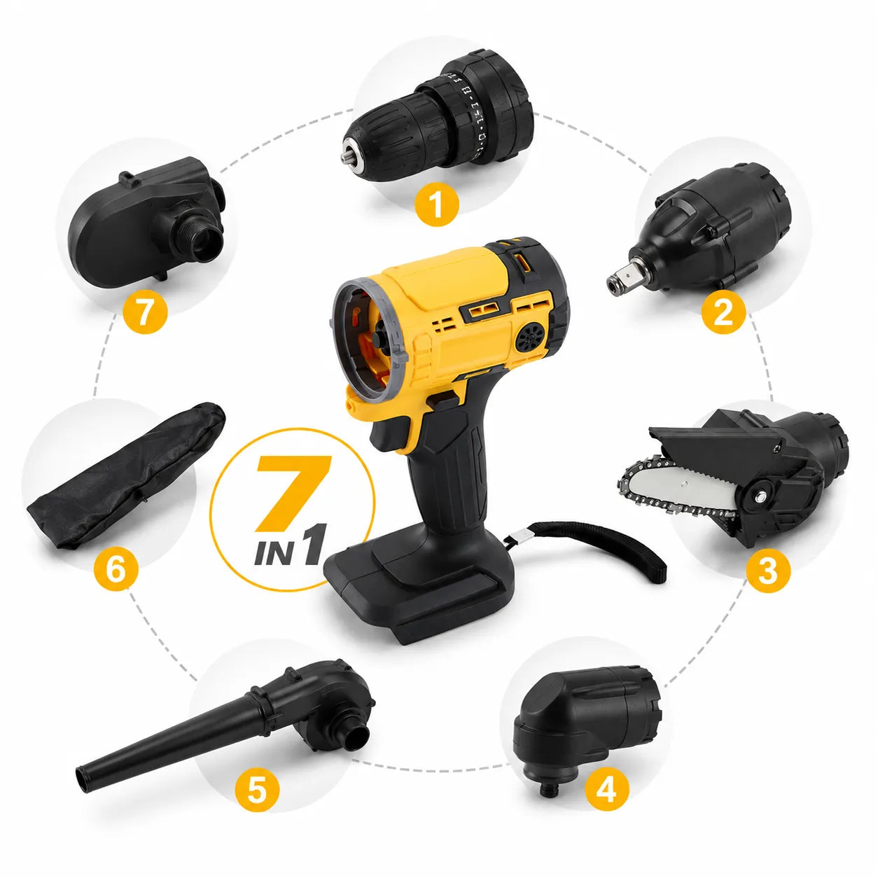 Kit Multifunzione a Batteria 5 in 1 con Valigetta – Trapano, Avvitatore ad Impulsi, Mini Motosega, Soffiatore e Cavo Flessibile