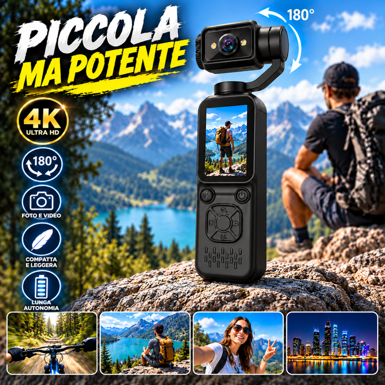 Action Cam Sportiva 4K con Testa Rotante 180°, Schermo LCD, Videocamera Portatile per Vlog, Viaggi, Sport e Riprese Outdoor