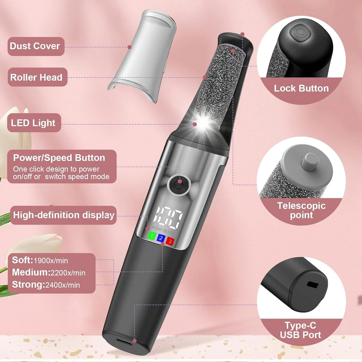 Pedicure Elettrico Professionale per Piedi – Lima Elettrica per Calli e Talloni – Rimuovi Pelle Morta – 3 Rulli Abrasivi – Display LED – Luce LED – Ricarica USB