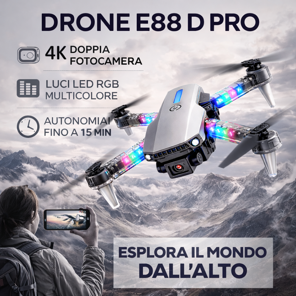 Drone pieghevole E88 D Pro con app e doppia fotocamera HD, luci LED, controllo remoto e mantenimento altezza