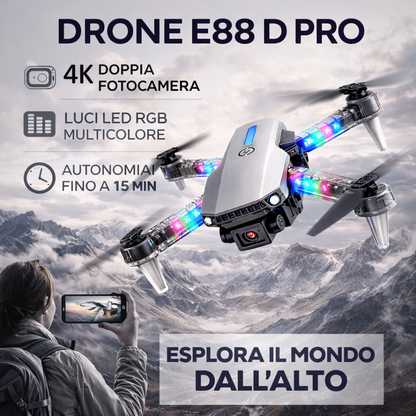 Drone pieghevole E88 D Pro con app e doppia fotocamera HD, luci LED, controllo remoto e mantenimento altezza