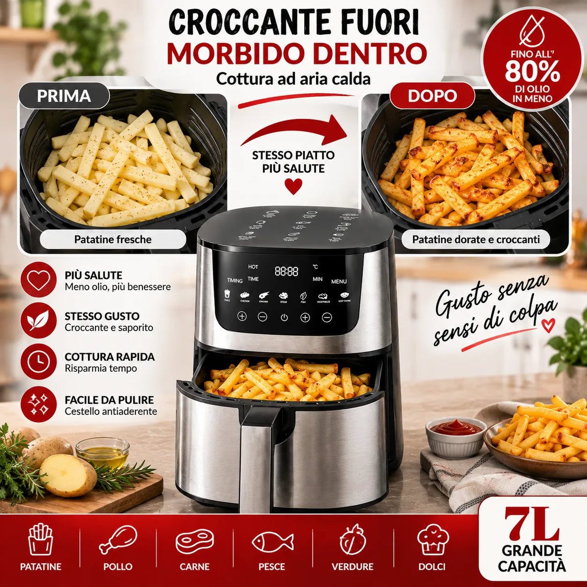 Friggitrice ad Aria Digitale 7L 2400W con Finestra – Air Fryer XXL con Display Touch, Cestello Estraibile, Timer e Temperatura Regolabile