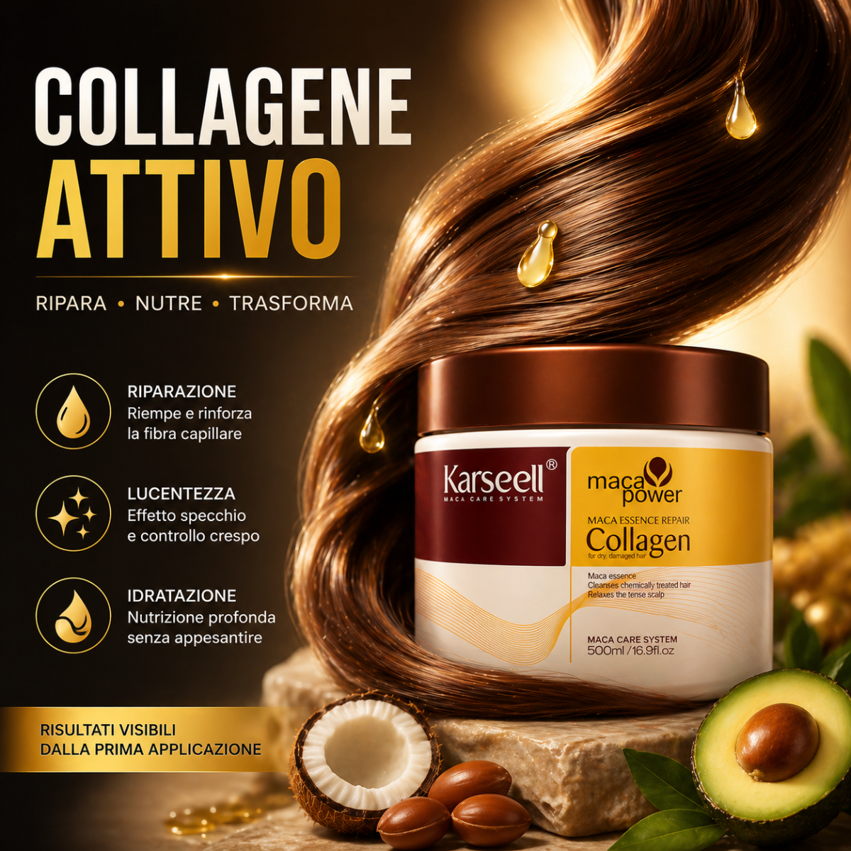 Karseell Maca Care System Maschera Capelli 500ml – Collagene, Olio di Argan, Cocco, Avocado e Cheratina – Trattamento Ristrutturante Idratante Anticrespo Professionale