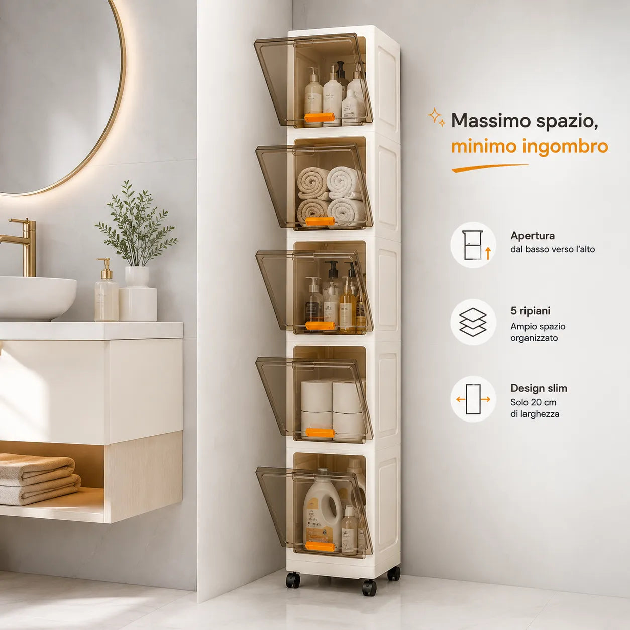 Mobile Salvaspazio Verticale con 5 Ripiani e Ruote – Armadio Slim Multiuso 20x30x138,5 cm – Organizer per Bagno, Cucina, Camera e Lavanderia – Apertura a Ribalta – Colore Bianco