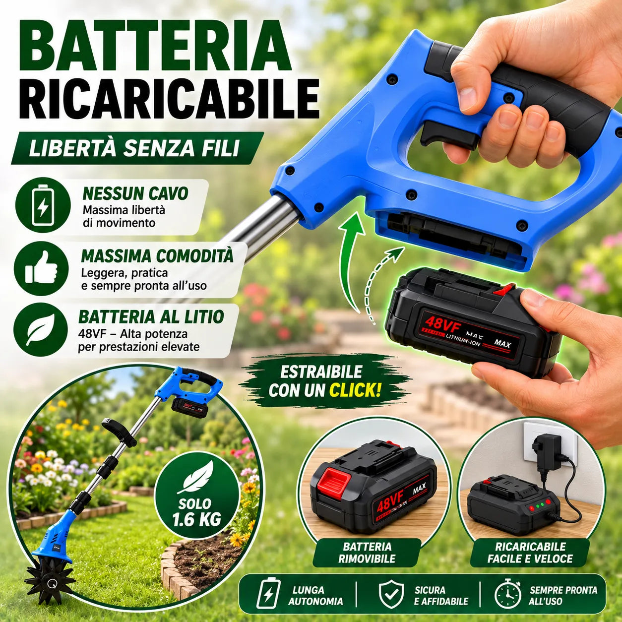 Micro Tiller a Batteria 48VF Mukins NL-3578 – Coltivatore Elettrico Cordless, Asta Regolabile e Pieghevole, 350W, 300 giri/min