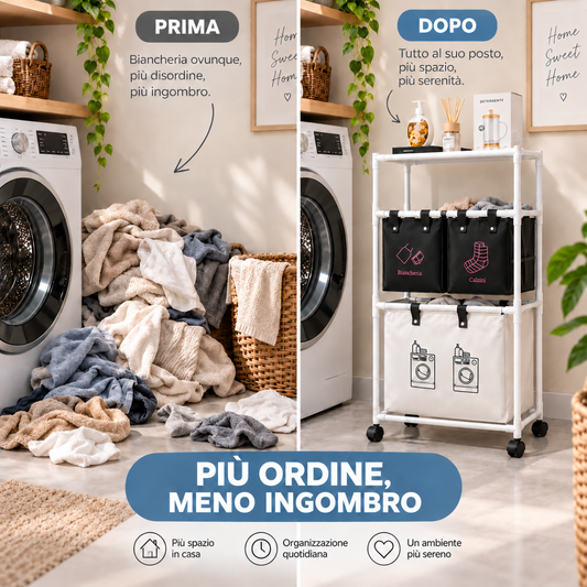 DAFAGI Cesto Portabiancheria Salvaspazio a 3 Livelli con 3 Sacche e Ruote – Organizer per Bucato con Struttura Verticale e Ripiano Superiore