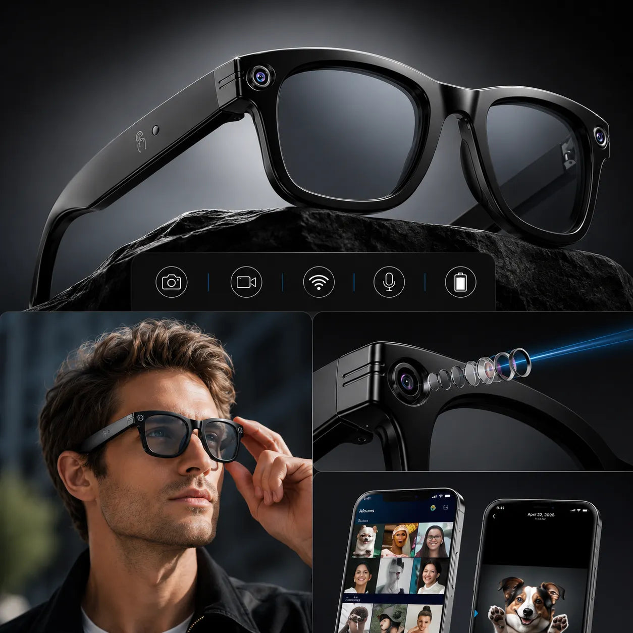 Occhiali Smart AI con Telecamera HD 8MP, Assistente Vocale, Bluetooth 5.4, Foto e Video, Speaker Integrati, Touch Control, USB-C