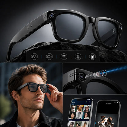 Occhiali Smart AI con Telecamera HD 8MP, Assistente Vocale, Bluetooth 5.4, Foto e Video, Speaker Integrati, Touch Control, USB-C