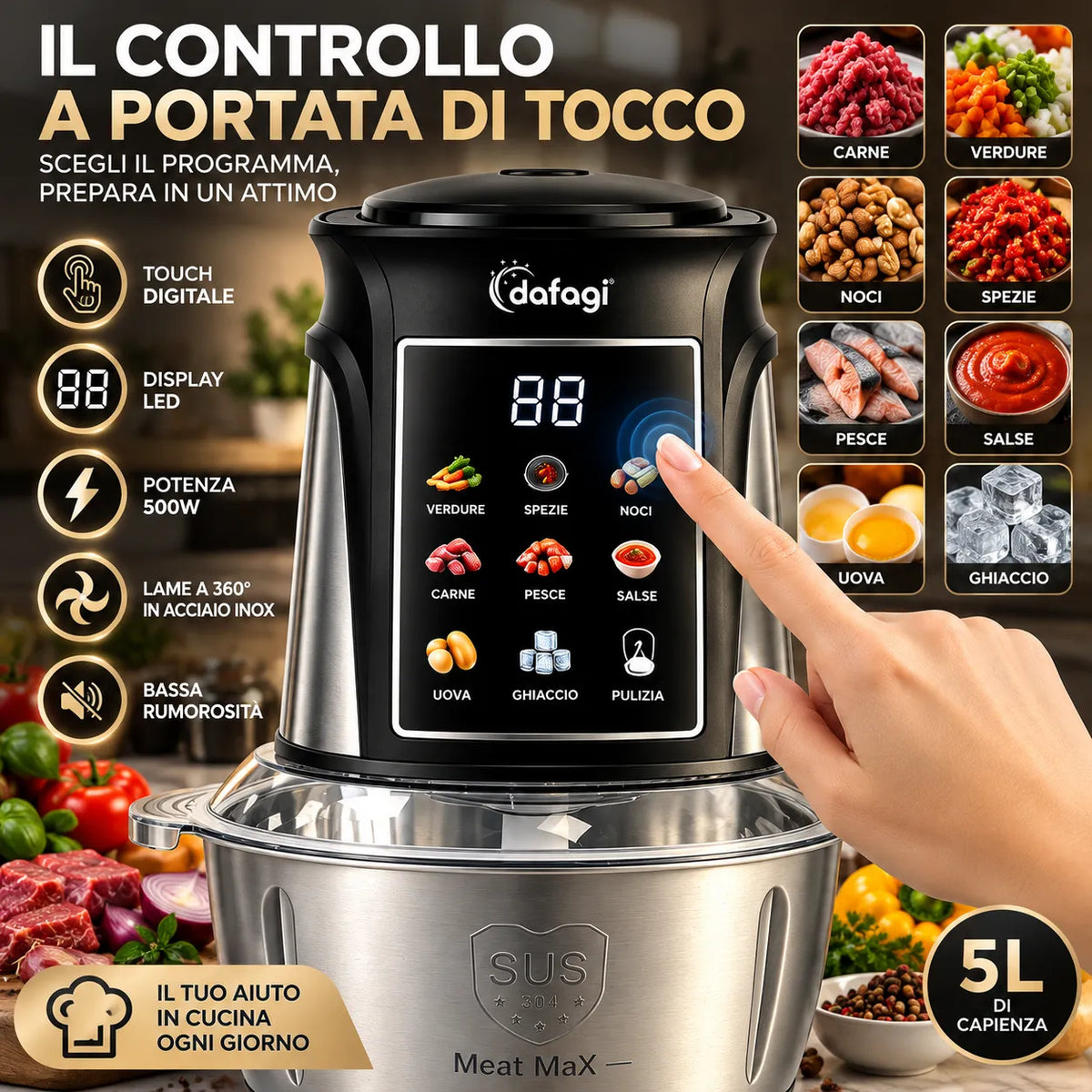 Tritatutto Elettrico DAFAGI 5 Litri 500W Touch Digitale con 4 Lame in Acciaio Inox a 360°, Doppia Velocità, Funzione Pulse, Ciotola in Acciaio, Multifunzione per Carne, Verdure, Salse e Impasti