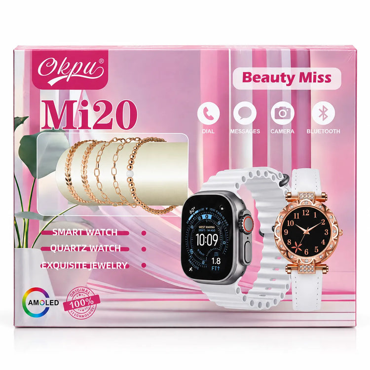 Mi20 Beauty Miss Smartwatch Donna con Chiamate Bluetooth + Orologio Analogico e Set 5 Bracciali – Kit Regalo Elegante