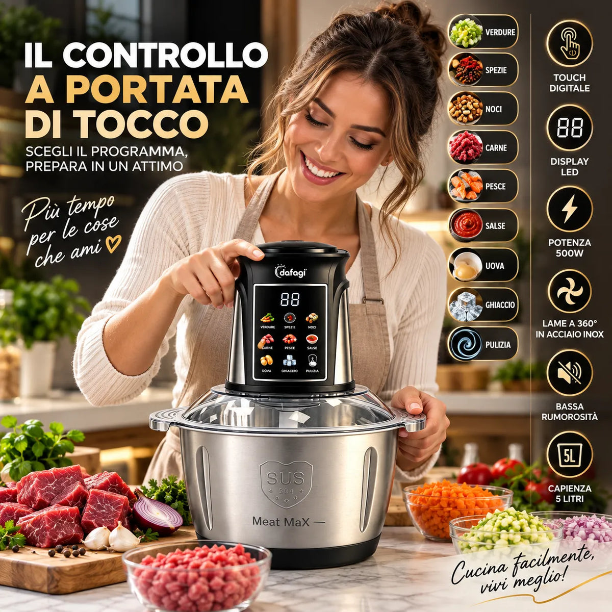 Tritatutto Elettrico DAFAGI 5 Litri 500W Touch Digitale con 4 Lame in Acciaio Inox a 360°, Doppia Velocità, Funzione Pulse, Ciotola in Acciaio, Multifunzione per Carne, Verdure, Salse e Impasti