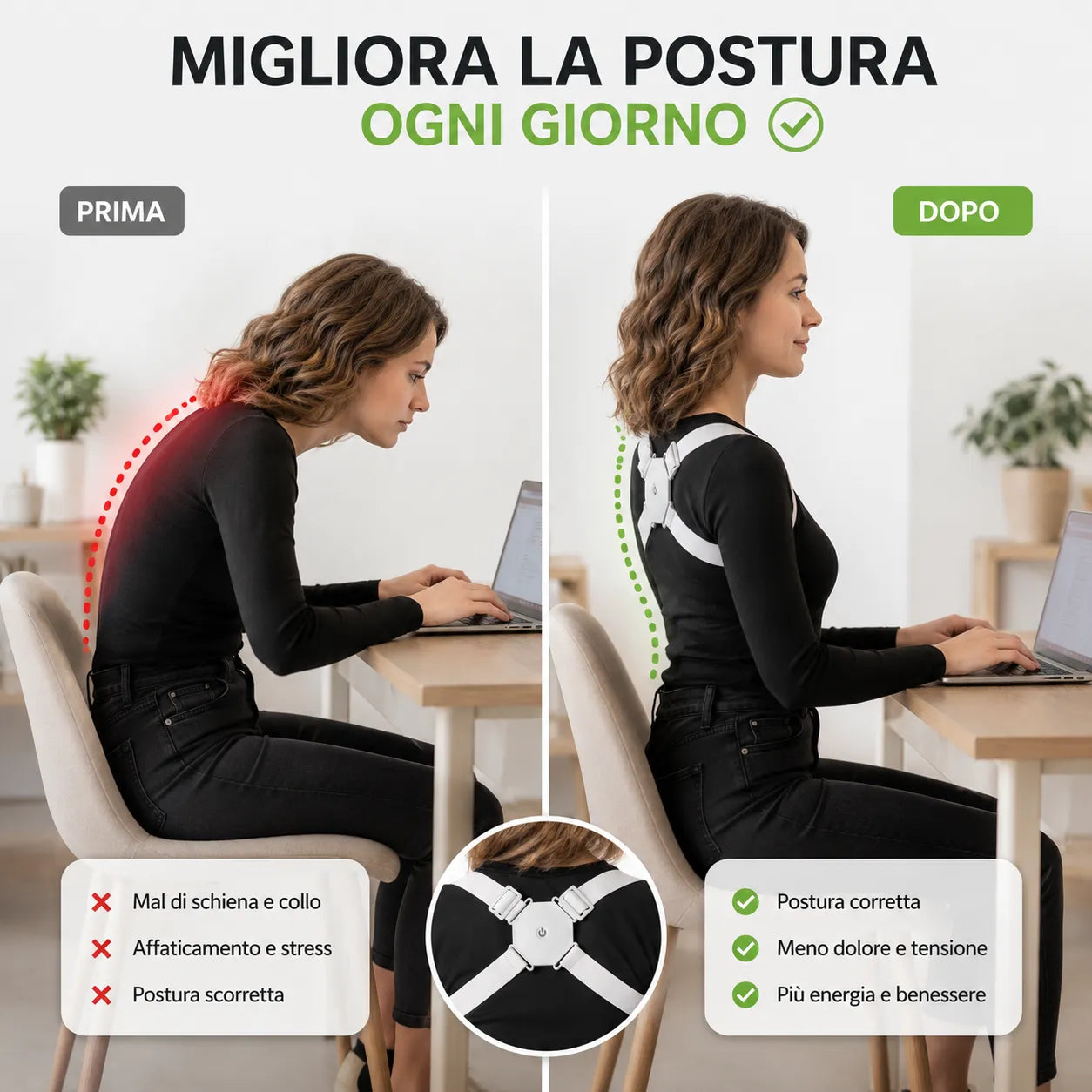 Correttore Posturale Intelligente con Sensore a Vibrazione – Supporto Schiena, Collo e Spalle Regolabile USB