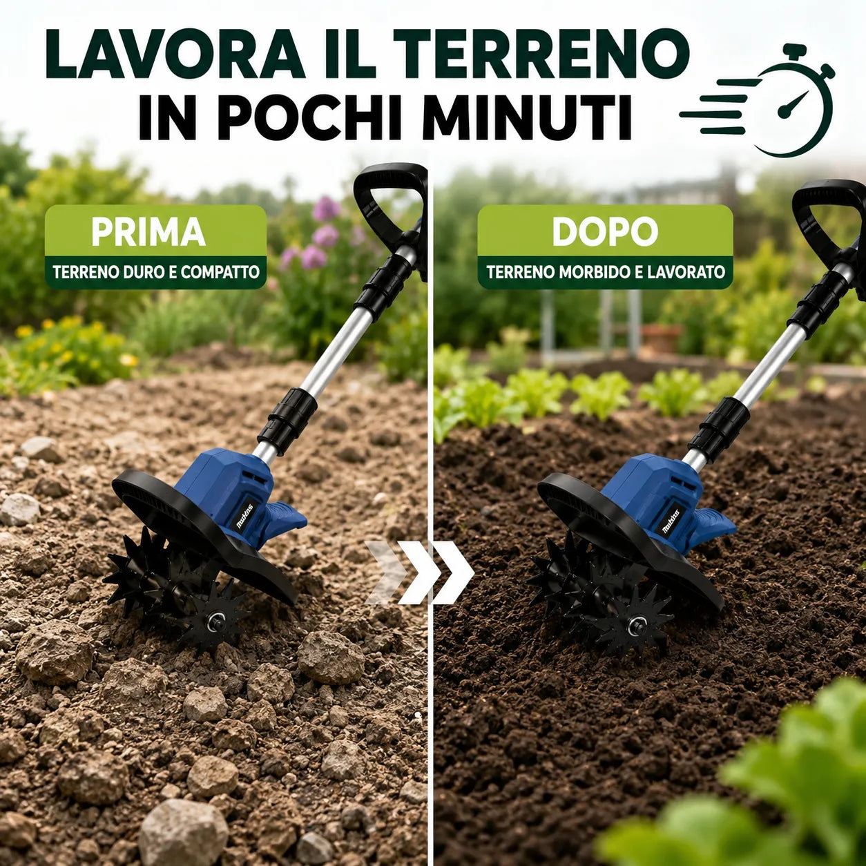 Motozappa Coltivatore Elettrico a Batteria 88VF Mukins NL-3576 550W con Asta Telescopica Regolabile, Pieghevole, Display Batteria | Coltivatore per Orto, Giardino, Aiuole e Serra | Larghezza 30 cm
