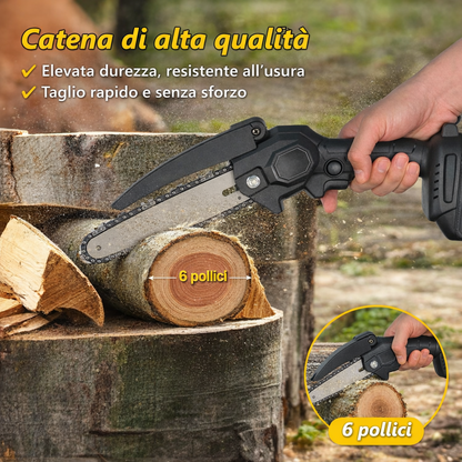 Mini Motosega Elettrica a Batteria 48V – Barra 6 Pollici, 2 Batterie al Litio e Catena di Ricambio – Leggera e Professionale per Potatura e Giardinaggio