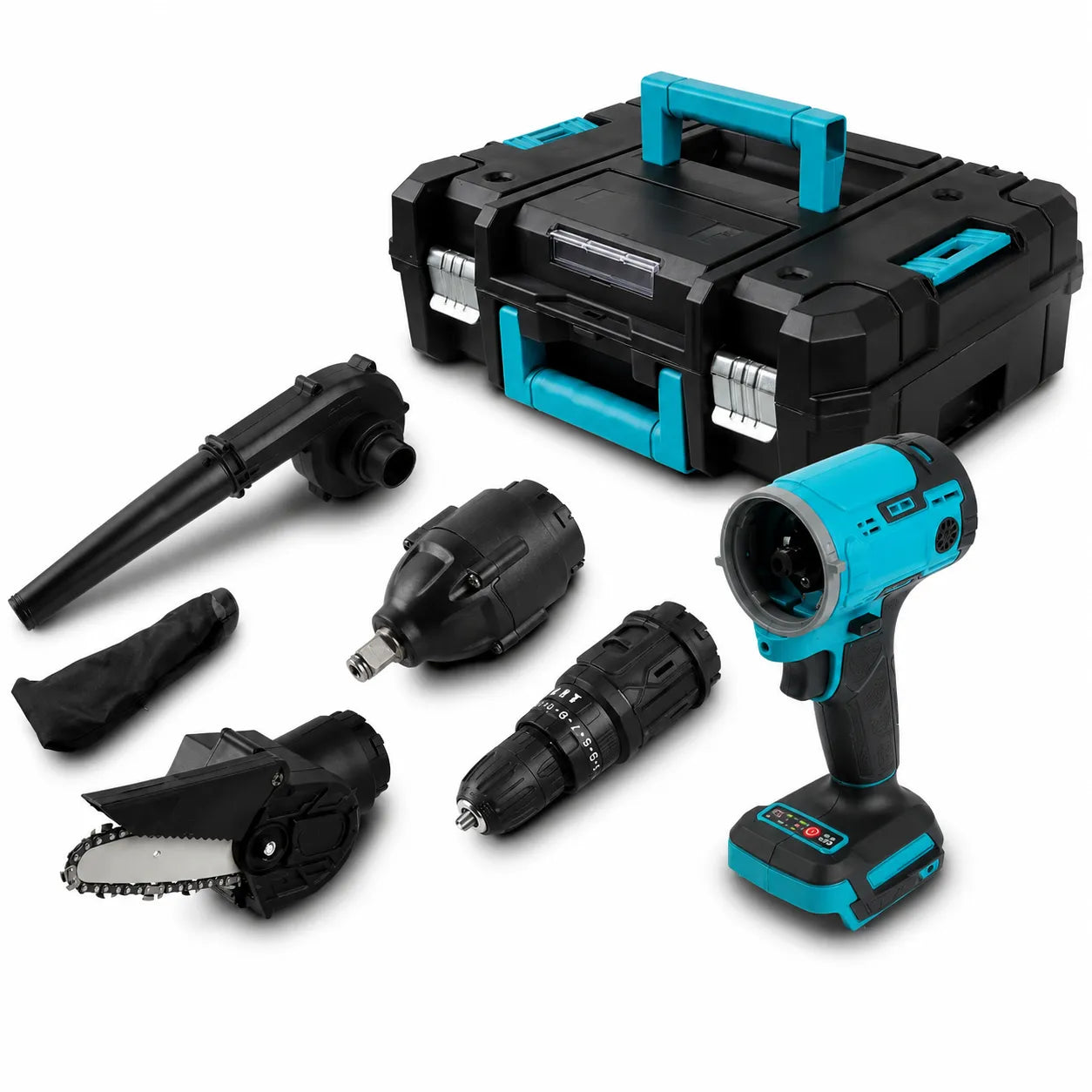 Kit Multifunzione a Batteria 5 in 1 con Valigetta – Trapano, Avvitatore ad Impulsi, Mini Motosega, Soffiatore e Cavo Flessibile