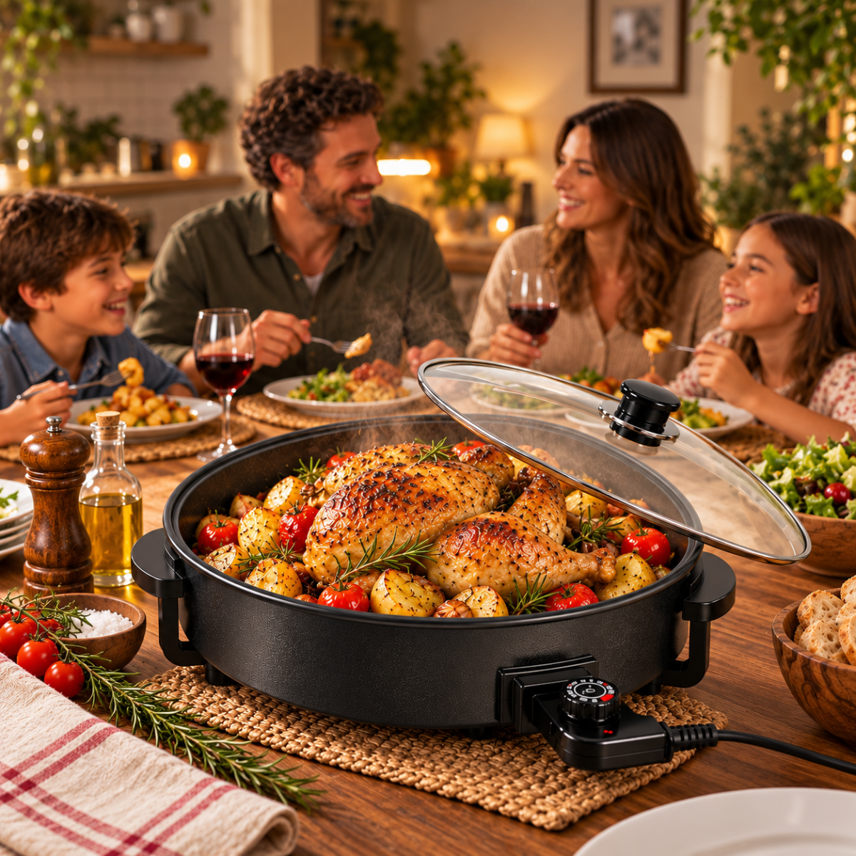 Tegame Elettrico Multifunzione 1500W Ø 30 cm con Coperchio in Vetro, Termostato Regolabile, Padella Antiaderente per Cucinare, Friggere, Arrostire e Stufare