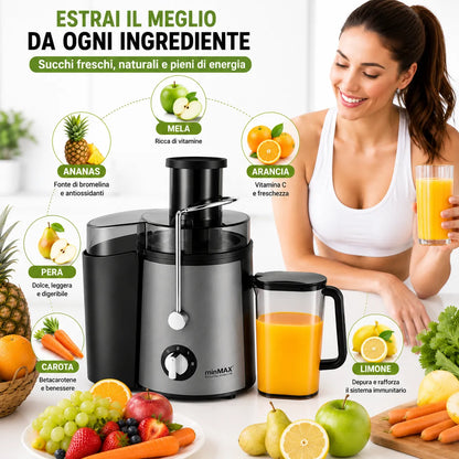 Estrattore di Succo Elettrico 1000W con 2 Velocità, Centrifuga Frutta e Verdura, Bocca Larga 65 mm, Caraffa 500 ml, Acciaio Inox, Rosso/Grigio