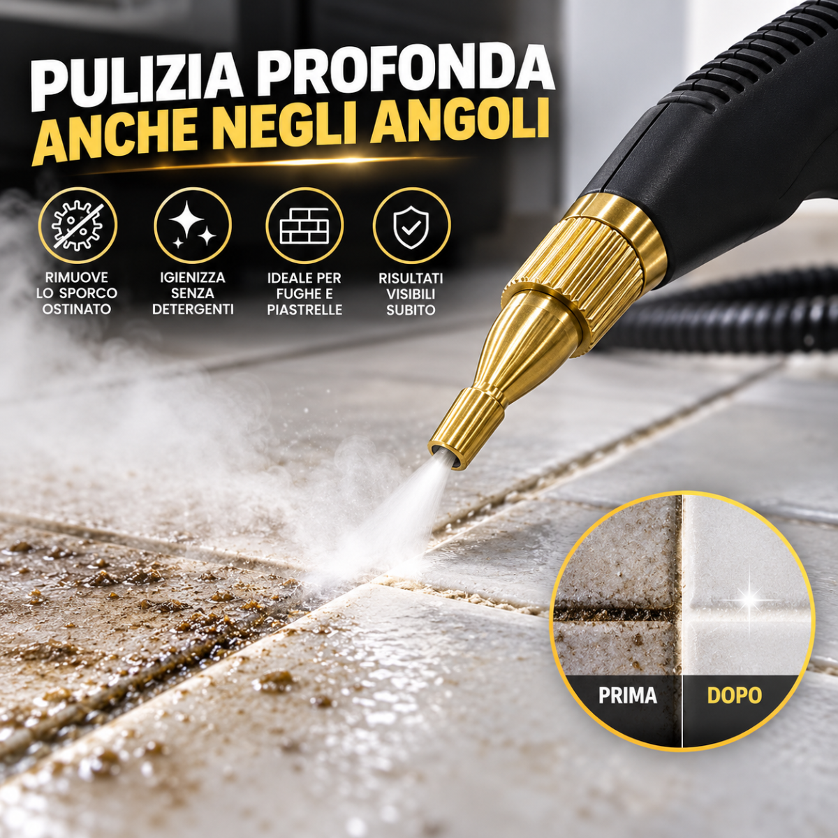 Pulitore a Vapore Professionale 2500W ad Alta Pressione 3 BAR, Temperatura 105°C, Pistola a Vapore con Tubo Flessibile, Pulizia Cucina, Forno, Cappa, Piastrelle e Fughe, Sgrassatore Elettrico