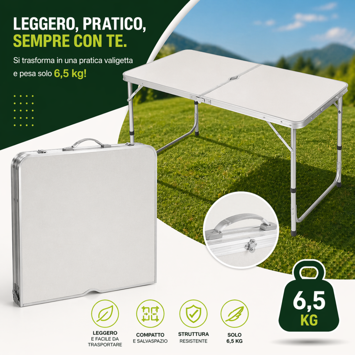 Tavolo Pieghevole con 4 Sedie – Set Campeggio Portatile Salvaspazio | Tavolino Richiudibile a Valigetta per Picnic, Giardino e Viaggi