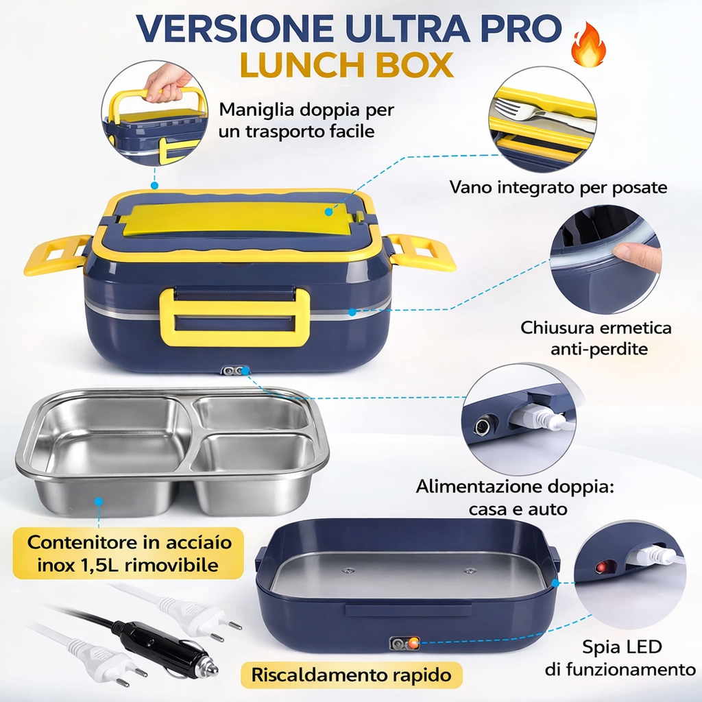 Scaldavivande Elettrico Portatile 1.5L – Lunch Box Riscaldante Casa & Auto con Contenitore in Acciaio Inox, Doppia Alimentazione, Anti-perdite