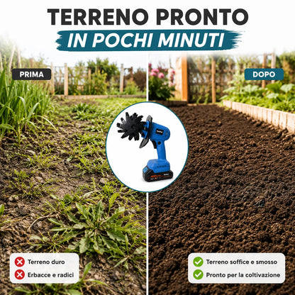 Motozappa Elettrica a Batteria 48VF – Coltivatore Portatile 550W per Orto e Giardino – 8 Lame in Acciaio – Batteria al Litio con Display – Sarchiatore Cordless Leggero