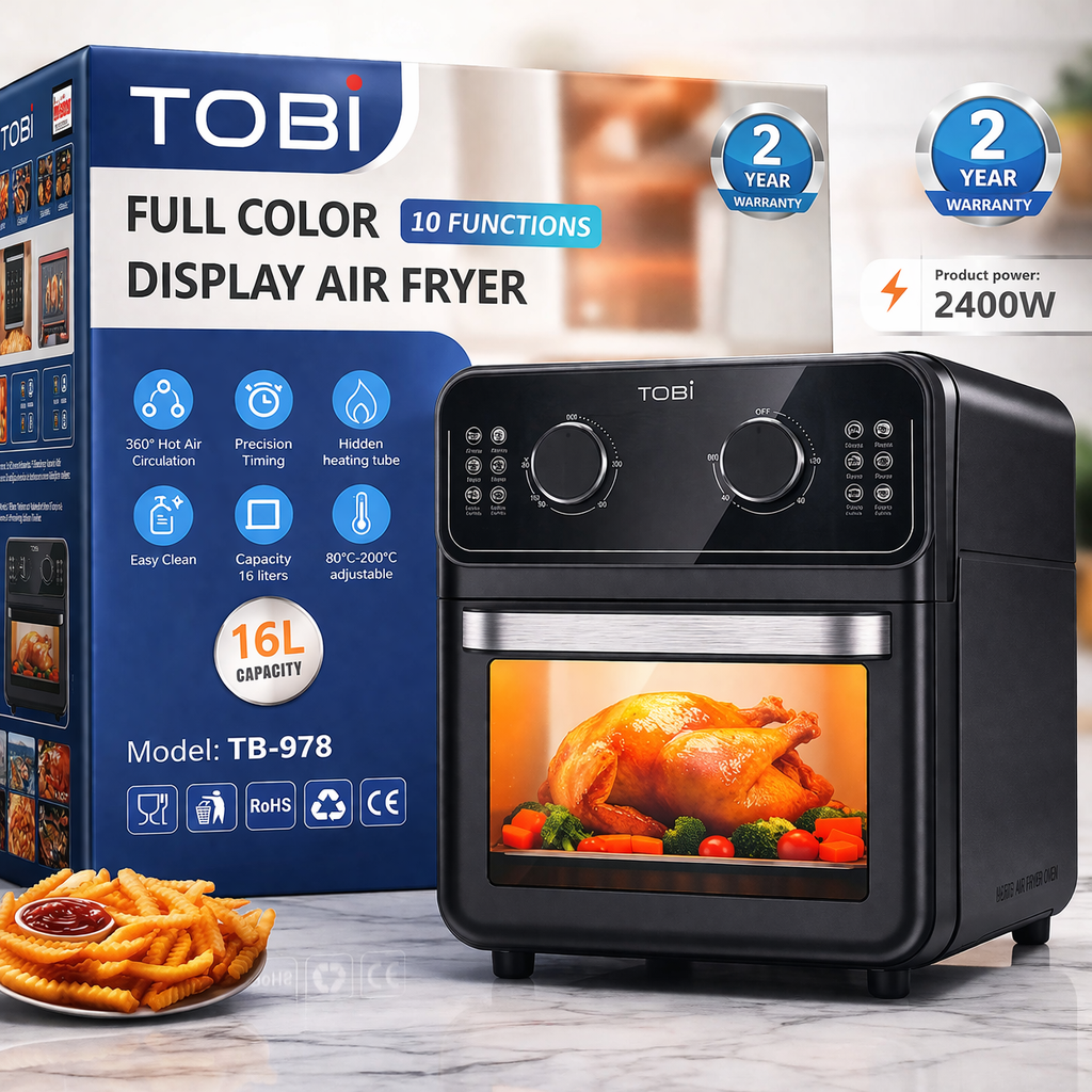 Forno ad Aria 16L TOBI 2400W– Friggitrice ad Aria Multifunzione con Controllo Temperatura, 10 Programmi, Accessori Inclusi