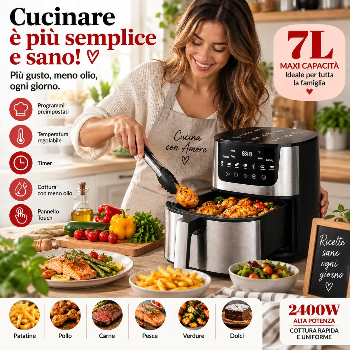Friggitrice ad Aria Digitale 7L 2400W con Finestra – Air Fryer XXL con Display Touch, Cestello Estraibile, Timer e Temperatura Regolabile