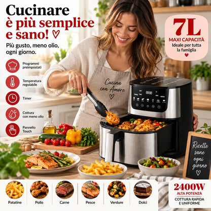Friggitrice ad Aria Digitale 7L 2400W con Finestra – Air Fryer XXL con Display Touch, Cestello Estraibile, Timer e Temperatura Regolabile