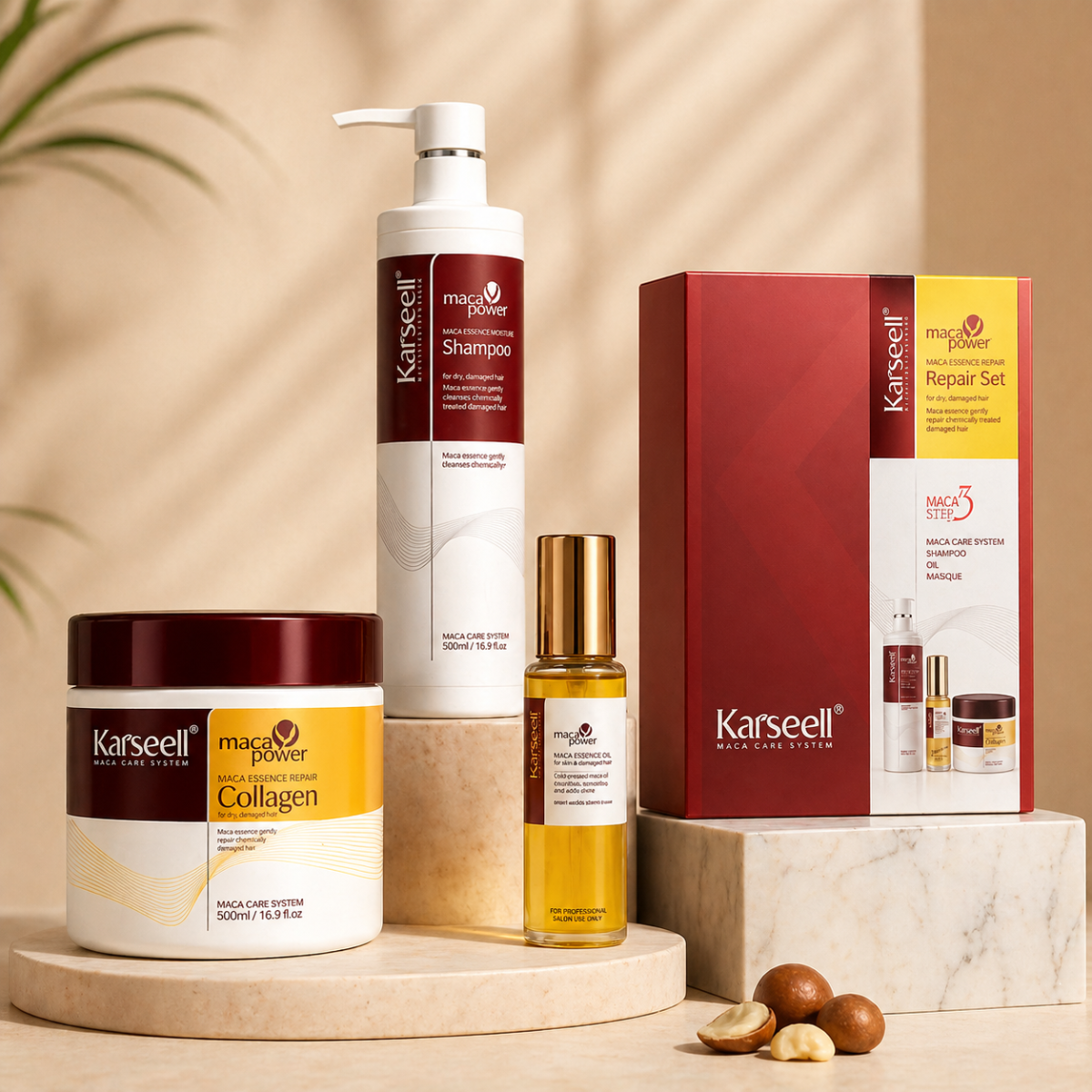 Karseell Maca Care System Set Riparazione Capelli – Maschera Collagene 500ml + Shampoo 500ml + Olio Argan 50ml – Trattamento Idratante Professionale Anticrespo Effetto Lucido per Capelli Secchi e Danneggiati