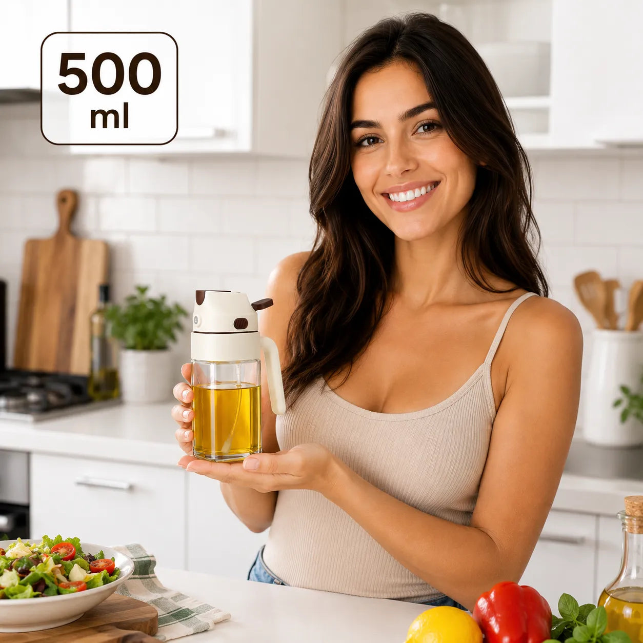 Spruzzatore Olio 2 in 1 500 ml in Vetro – Nebulizzatore e Dosatore per Cucina, Bottiglia per Olio d'Oliva, Aceto e Condimenti, Ideale per Friggitrice ad Aria, BBQ, Insalate e Cottura