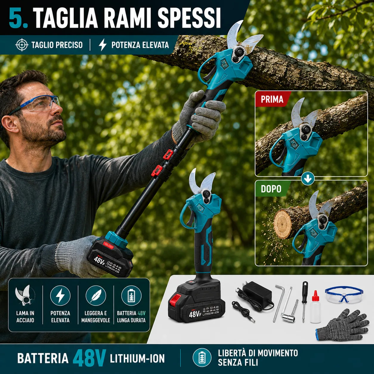 Kit Potatura a Batteria 3 in 1 con Asta Telescopica – Forbice Elettrica + Mini Motosega 6" + 2 Batterie e accessori