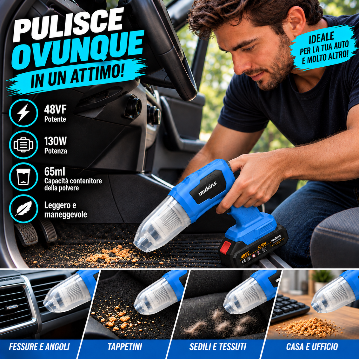 Mini Aspirapolvere Portatile a Batteria Rimovibile 130W – Elettrico Senza Fili per Auto, Casa, Divani e Tastiere, Contenitore Polvere da 65 ml