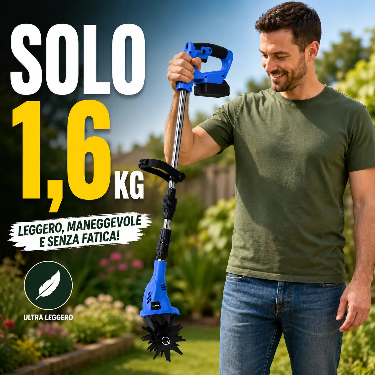 Micro Tiller a Batteria 48VF Mukins NL-3578 – Coltivatore Elettrico Cordless, Asta Regolabile e Pieghevole, 350W, 300 giri/min