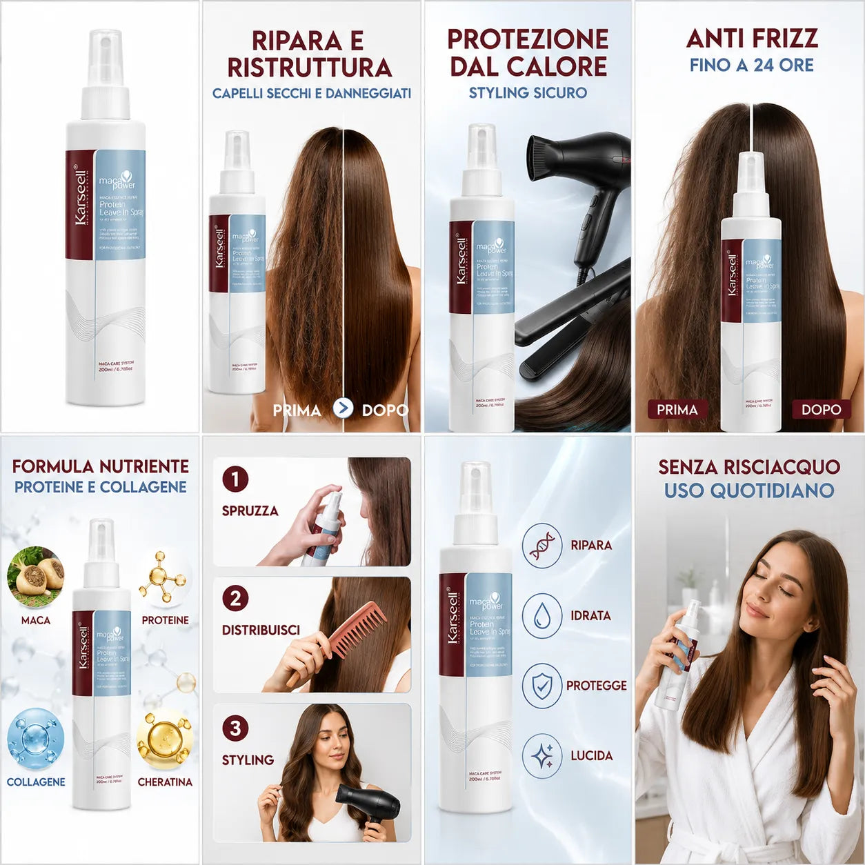 Karseell Maca Power Protein Leave In Spray 200ml – Trattamento Senza Risciacquo per Capelli Secchi e Danneggiati