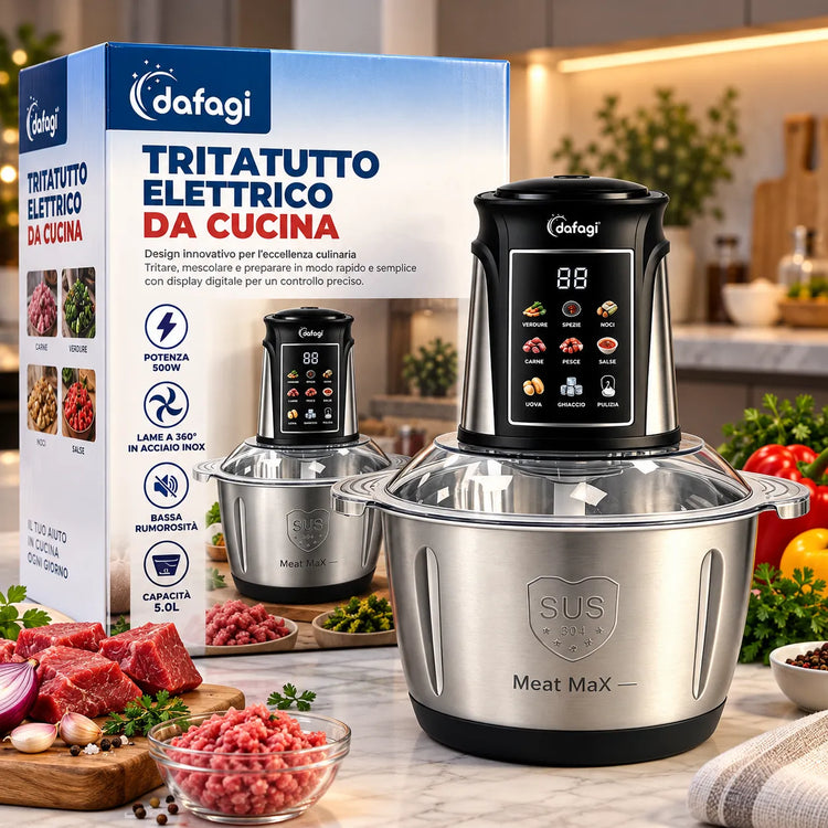 Tritatutto Elettrico DAFAGI 5 Litri 500W Touch Digitale con 4 Lame in Acciaio Inox a 360°, Doppia Velocità, Funzione Pulse, Ciotola in Acciaio, Multifunzione per Carne, Verdure, Salse e Impasti