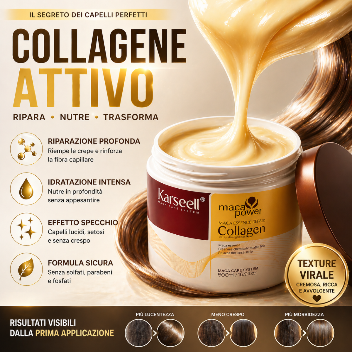 Karseell Maca Care System Maschera Capelli 500ml – Collagene, Olio di Argan, Cocco, Avocado e Cheratina – Trattamento Ristrutturante Idratante Anticrespo Professionale