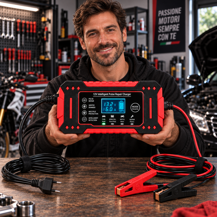 Caricabatterie Intelligente Auto e Moto 12V con Display Digitale LCD, Riparazione a Impulsi, Protezione Automatica e Morsetti – Nero e Rosso