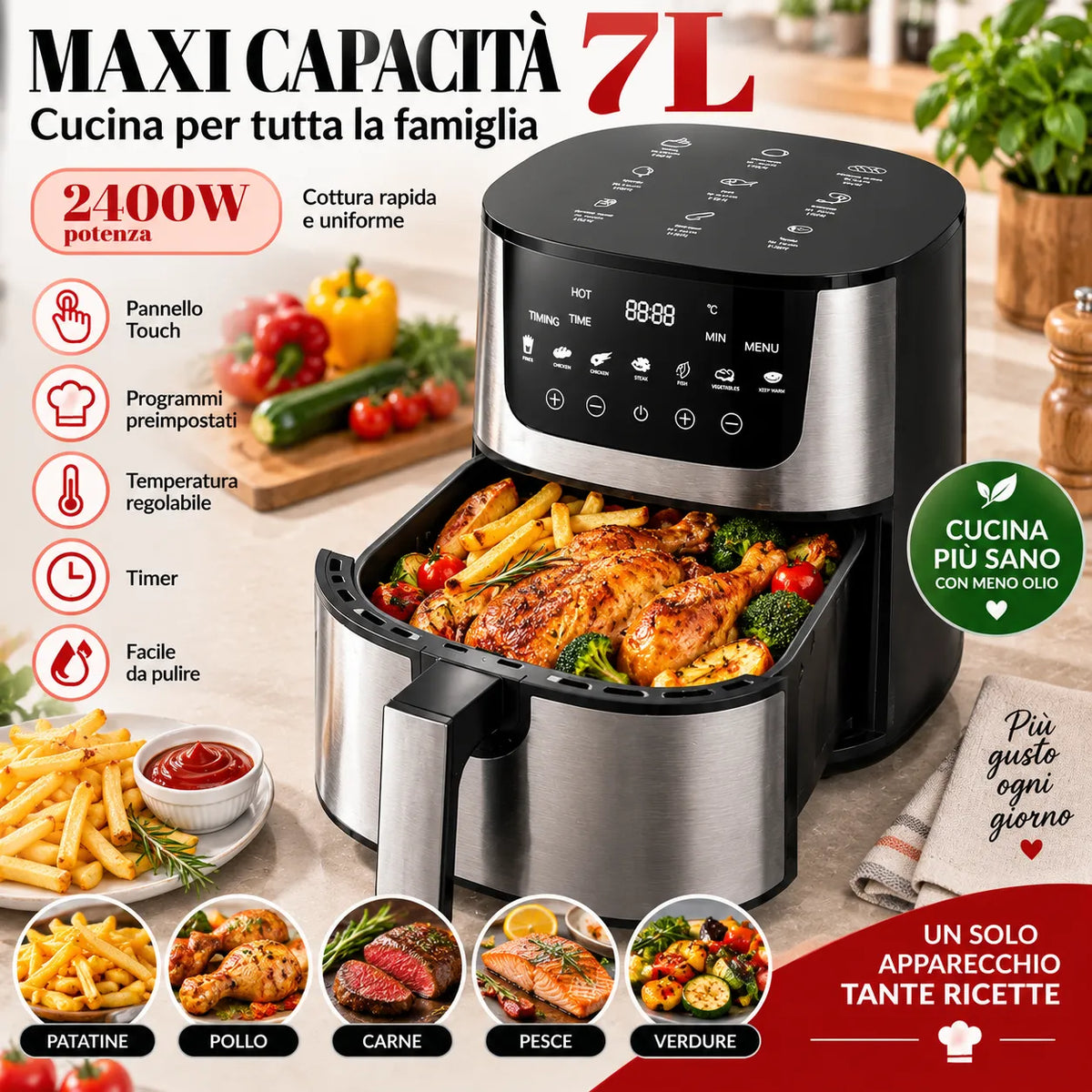 Friggitrice ad Aria Digitale 7L 2400W con Finestra – Air Fryer XXL con Display Touch, Cestello Estraibile, Timer e Temperatura Regolabile