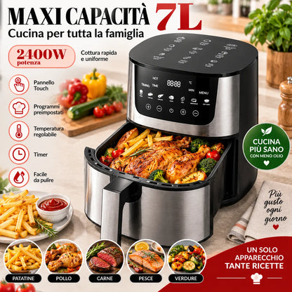 Friggitrice ad Aria Digitale 7L 2400W con Finestra – Air Fryer XXL con Display Touch, Cestello Estraibile, Timer e Temperatura Regolabile