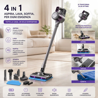Aspirapolvere Senza Fili 2-in-1 con Funzione Lavaggio/Mop, Portatile e Verticale