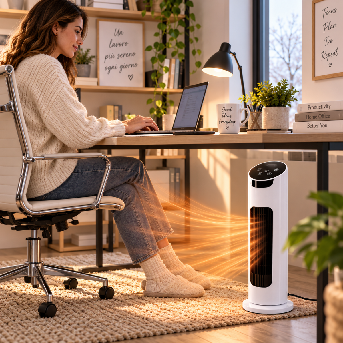 Termoventilatore Ceramico a Torre Rotante con Telecomando –  Stufa Elettrica Verticale PTC con Display Touch e Base