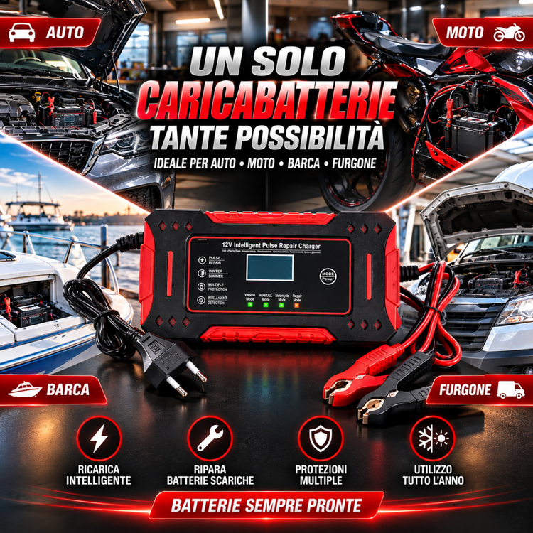 Caricabatterie Intelligente Auto e Moto 12V con Display Digitale LCD, Riparazione a Impulsi, Protezione Automatica e Morsetti – Nero e Rosso