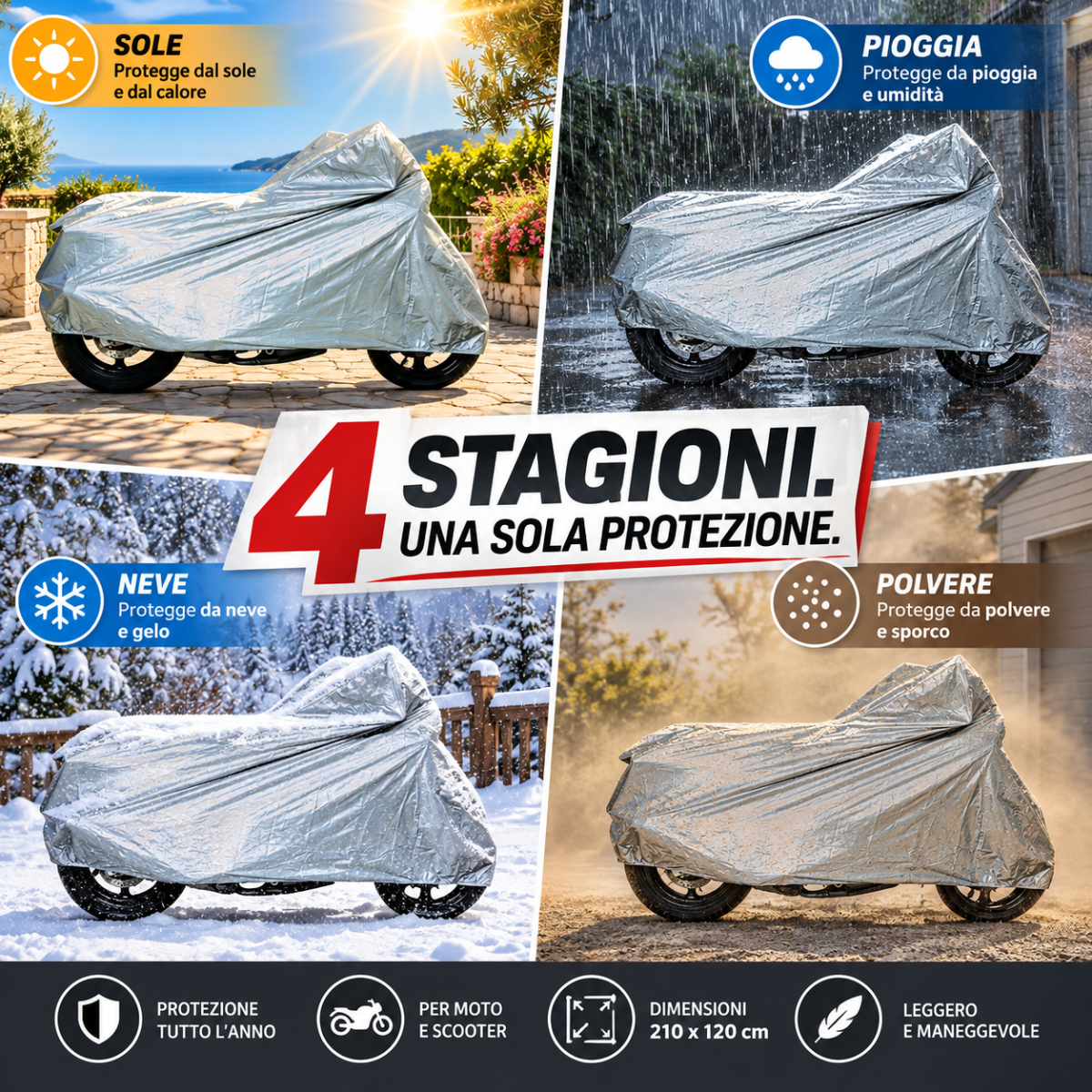 Telo Coprimoto Impermeabile 210x120 cm Copertura Protettiva per Moto e Scooter contro Pioggia, Sole, Neve e Polvere