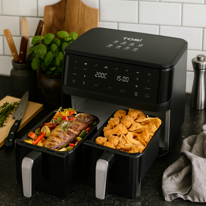 Friggitrice Tobi ad Aria Dual Zone 15L – Doppio Cestello Indipendenti | 2400W, Touch LED, 8 Programmi Black Limited Edition