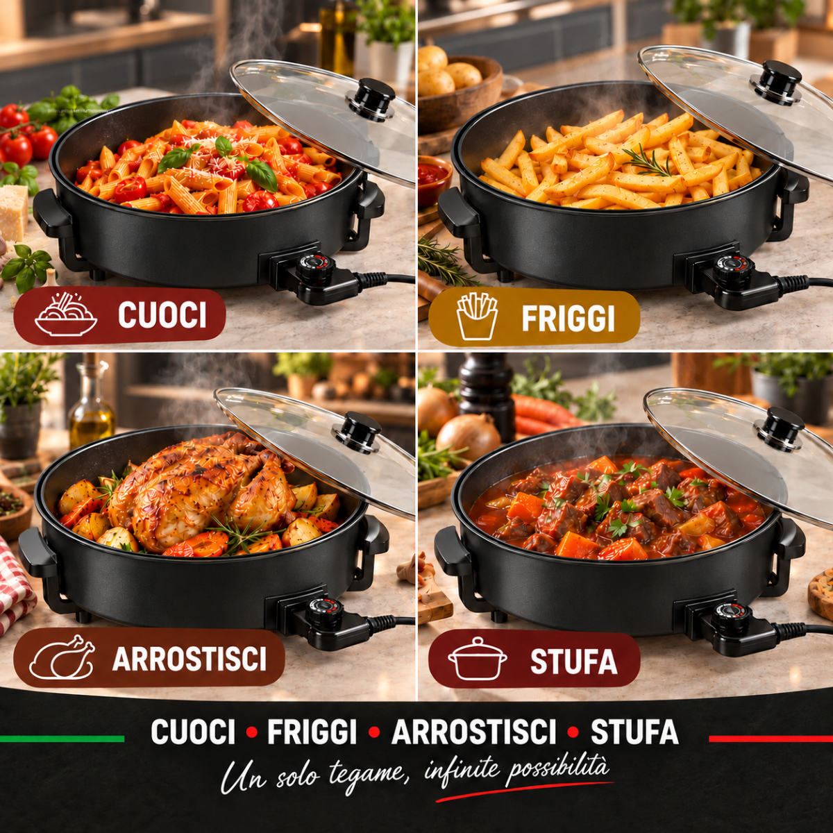 Tegame Elettrico Multifunzione 1500W Ø 40 cm con Coperchio in Vetro, Termostato Regolabile, Padella Antiaderente per Cucinare, Friggere, Arrostire e Stufare