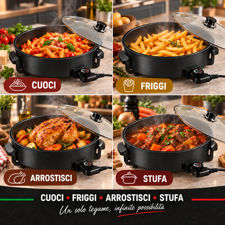 Tegame Elettrico Multifunzione 1500W Ø 40 cm con Coperchio in Vetro, Termostato Regolabile, Padella Antiaderente per Cucinare, Friggere, Arrostire e Stufare