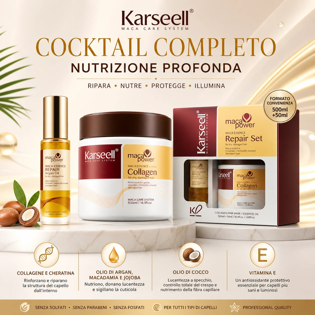 Karseell Maca Care System Set Riparazione Capelli Professionale – Maschera Collagene 500ml + Olio Argan 50ml – Nutriente Idratante Anticrespo Effetto Lucentezza per Capelli Secchi e Danneggiati