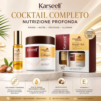 Karseell Maca Care System Set Riparazione Capelli Professionale – Maschera Collagene 500ml + Olio Argan 50ml – Nutriente Idratante Anticrespo Effetto Lucentezza per Capelli Secchi e Danneggiati